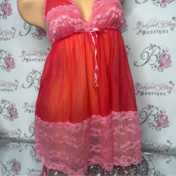 Victoria secret babydoll rhinestone pink bow tie satin silky floral lace dress - Picture 7 of 7
